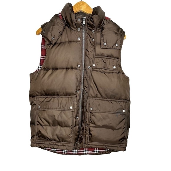 GAP Brown Puffer Vest Sleeveless Zip Up Snap Closure Hooded Size Small - Picture 2 of 6